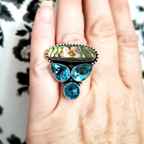 New Abalone Shell & Blue Topaz 925 Silver Ring. - Picture 6 of 7